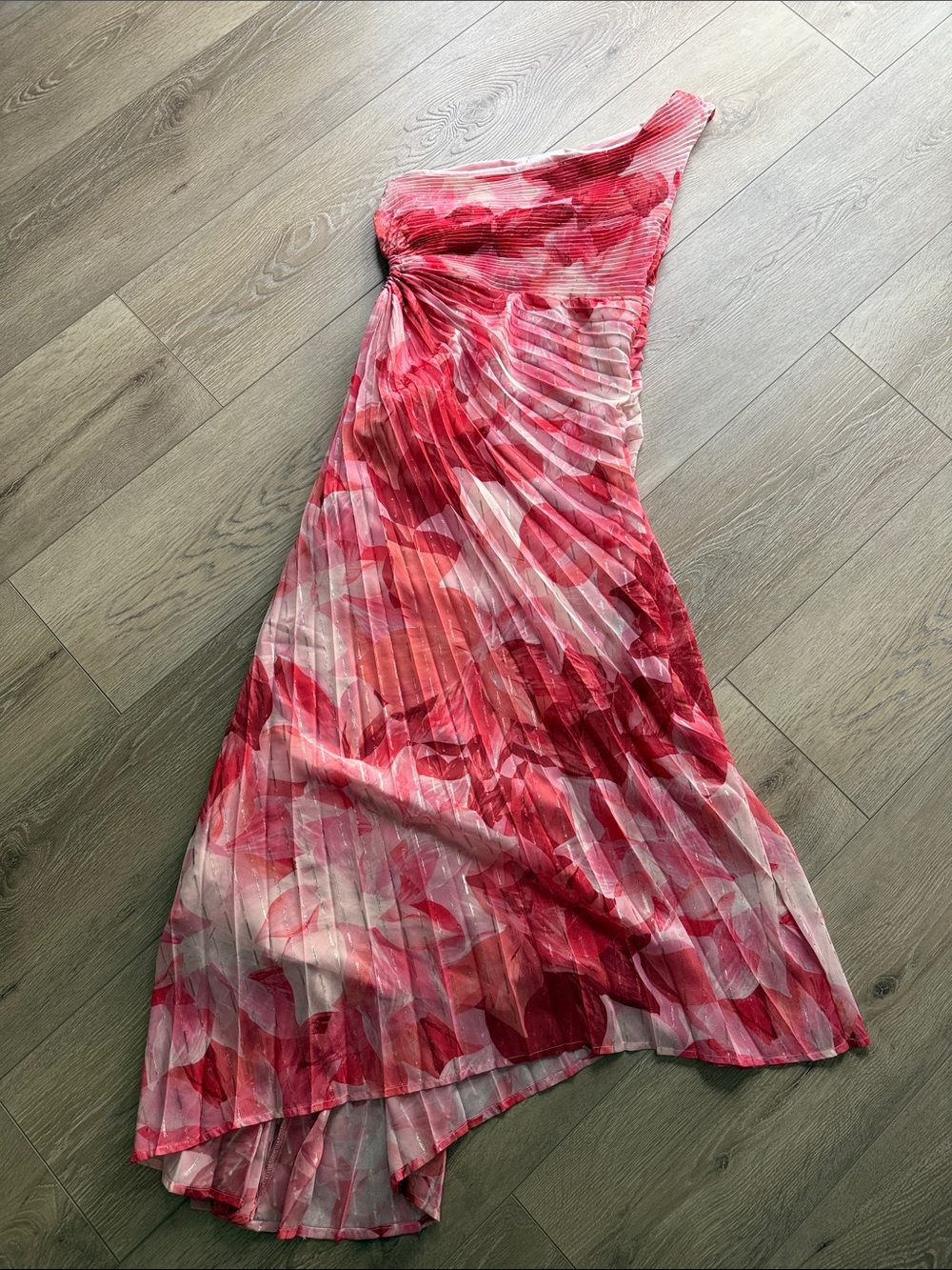 Socialite Pink and Red One-Shoulder Pleated Floral Dress